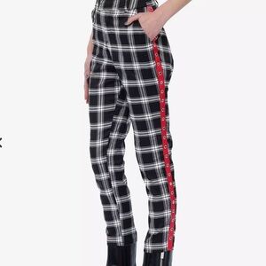 Hot Topic Black and White Pants with Bold Plaid Design and Red Stripe Down Side